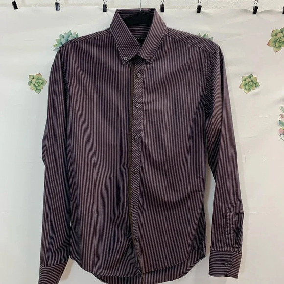 Zara Man Shirt Small Slim Fit Button Front Brown Stripe Long Sleeve Cotton M75 - Picture 1 of 7